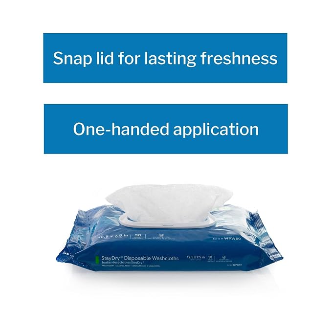 McKesson StayDry Pre-Moistened Disposable Wipe - Large Adult Body and Incontinence Washcloths with Aloe and Vitamin E, Alcohol-Free, 50 Wipes Per Pack