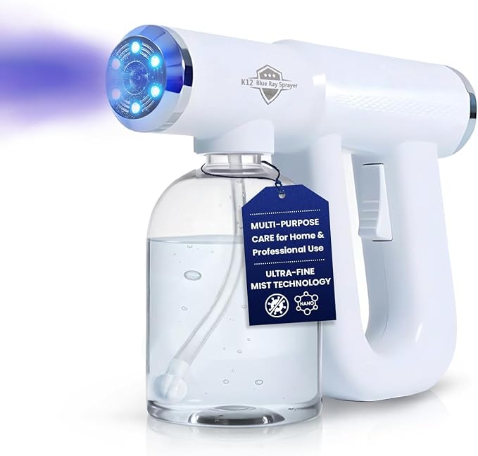 Professional Disinfectant Nano Spray Gun, Ultra Fine Atomizer Sprayer,White | Continuous Spray Bottle with Blue Light, Easy to Use Lightweight and Rechargeable Sanitizer Gun, Multipurpose Fogger Machine