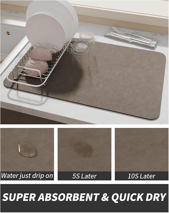 AMOAMI-Coffee Mat Hide Stain Rubber Backed Absorbent Dish Drying Mat for Kitchen Counter-Coffee Bar Accessories Fit Under Coffee Maker, Espresso Machine, Pot, Dish Rack Brown 1624