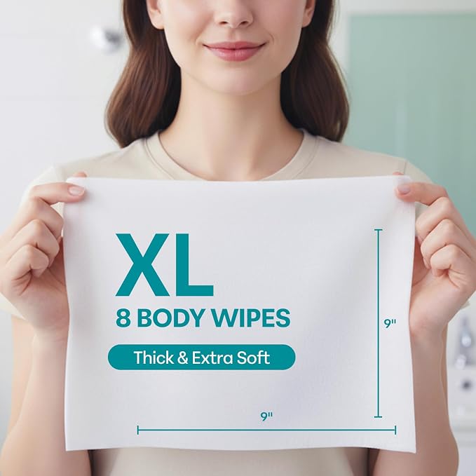 XL Body Wipe 9" x 9" Bath Wipes for Adults No Rinse - Thick Refreshing Shower Wash Cloth with Aloe Vera for Camping, Travel, Gym, and Caregiving - Durable Disposable Bath Cloths for Quick Hygiene