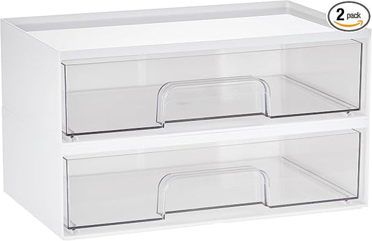 Vtopmart 2 Pack Clear Stackable Storage Drawers,12.1''W Plastic Organizers Bins for Beauty Supplies, Ideal for Vanity, Bathroom, Cabinet, Room Organization, White