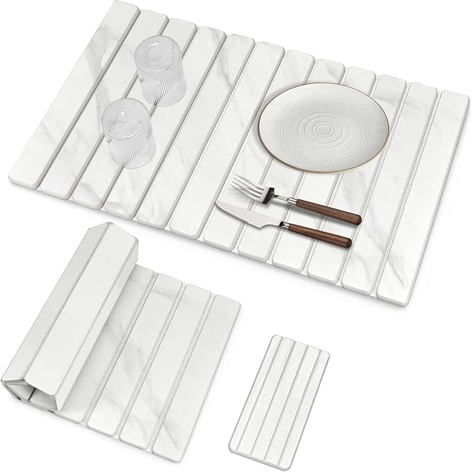 2 PCS Large Stone Dish Drying Mat for Kitchen Counter, 28"×16" Marble Dish Drying Mat with 8"x 4" Coasters, Non - Slip Collapsible Absorbent Mat for Multi - Purpose, Match Any Countertop【White】