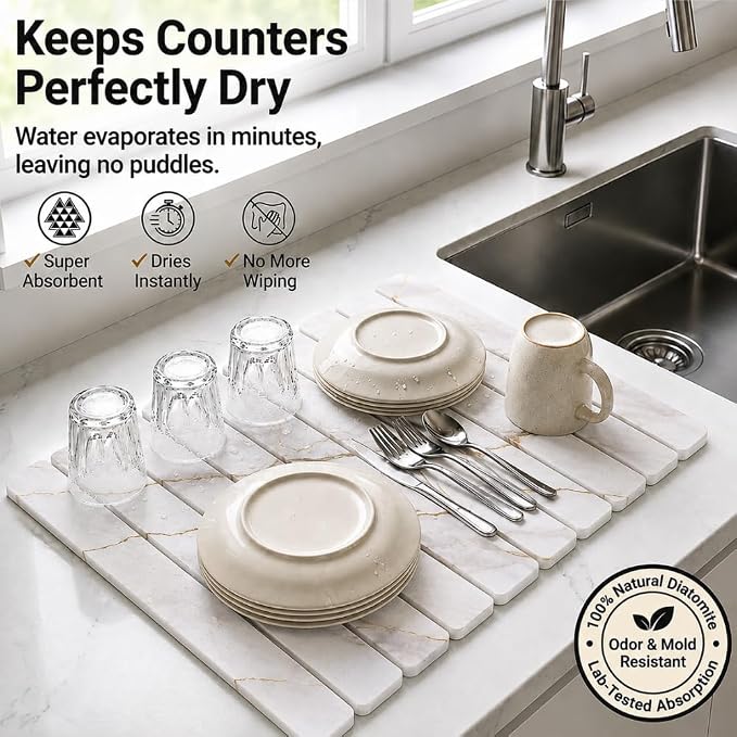 Large Stone Dish Drying Mat for Kitchen Counter, Foldable & Super Absorbent Diatomaceous Earth Drying Pad for Dishes, Cups, Bottles with Anti-Slip Mesh & Quick Dry (White Marble 24"L x 16"W)