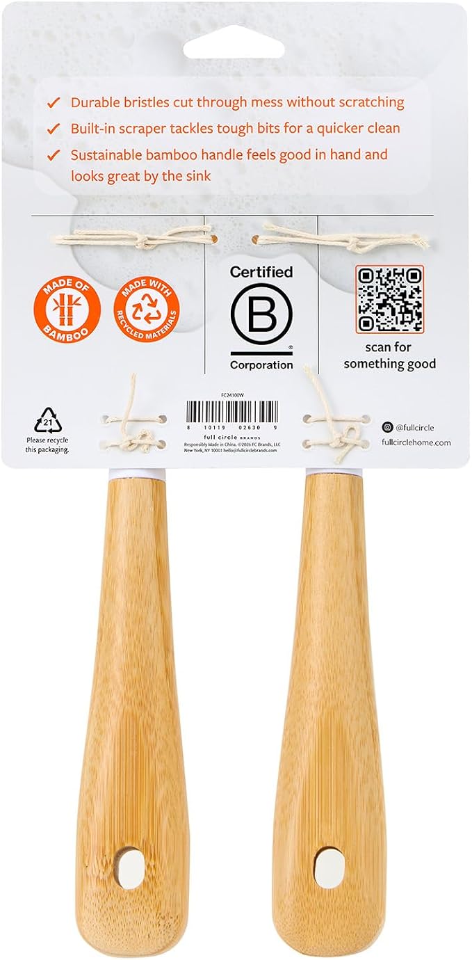 Full Circle Daily Dish Brush -Bamboo Handle Dish Brush –Sustainable Kitchen Cleaning with Tough Bristles -Natural Dish Scrubber, Nonstick & Cast Iron Cleaner-Long Handle Brush for Dishes, Pots, & Pans
