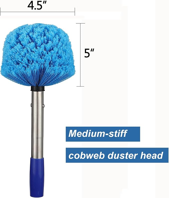 Cobweb Duster with Pole, 6ft Stainless Steel Pole Cobweb Brush with Medium-Stiff Bristles for Walls Beams Shelves Iight Fixtures and Window Screens