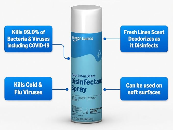 Amazon Basics Disinfectant Spray, Fresh Linen Scent, Kills 99.9% of Bacteria, 19 Oz, Pack of 6
