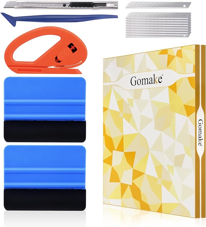 Gomake Vehicle Vinyl Wrap Tool Kit Window Tinting Tool Include 4 Inch Felt Squeegee, Retractable 9mm Utility Knife and Blades, Zippy Vinyl Cutter and Mini Go Corner Squeegee for Car Wrapping