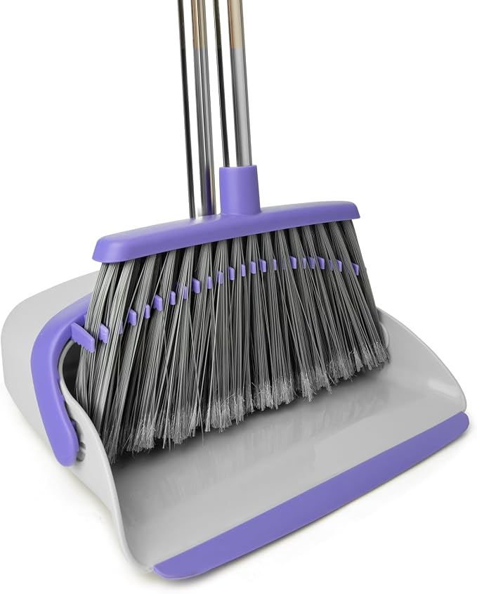 Broom and Dustpan Set with 51" Adjustable Long Handle-Gray Purple | Long Handle and Standing Dust Pan with Comb Teeth, Efficient Floor Cleaning for Kitchen, Outdoor, Dorm, Apartment, Office