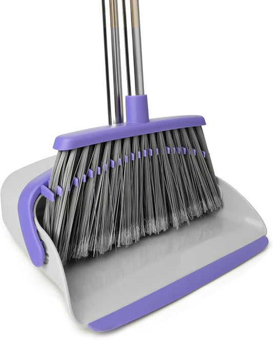 Broom and Dustpan Set with 51" Adjustable Long Handle-Gray Purple | Long Handle and Standing Dust Pan with Comb Teeth, Efficient Floor Cleaning for Kitchen, Outdoor, Dorm, Apartment, Office