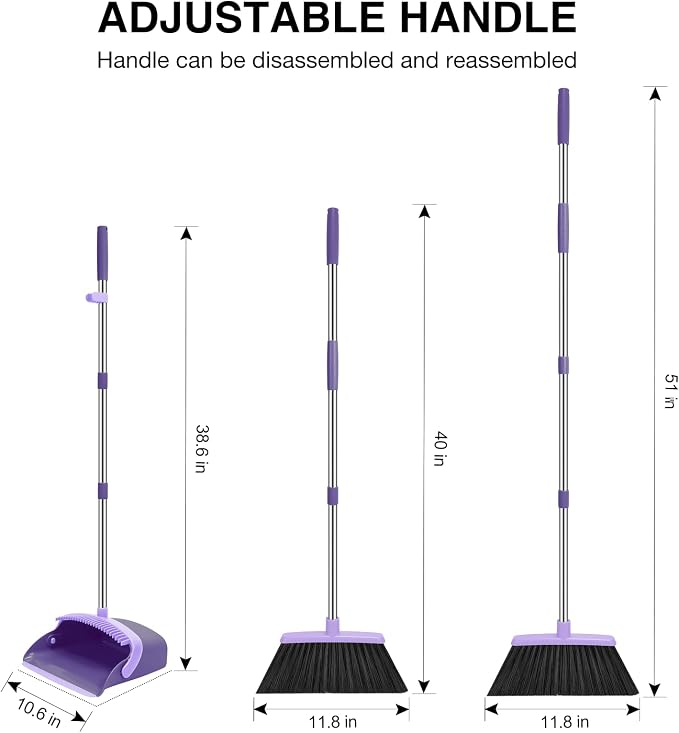 NACENA Broom and Dustpan Set with 52-in Long Adjustable Handle, Purple | Broom Dustpan Combo with Dustpan Teeth to Automatically Clean Hair Suitable for Home Kitchen Office Hall Floor