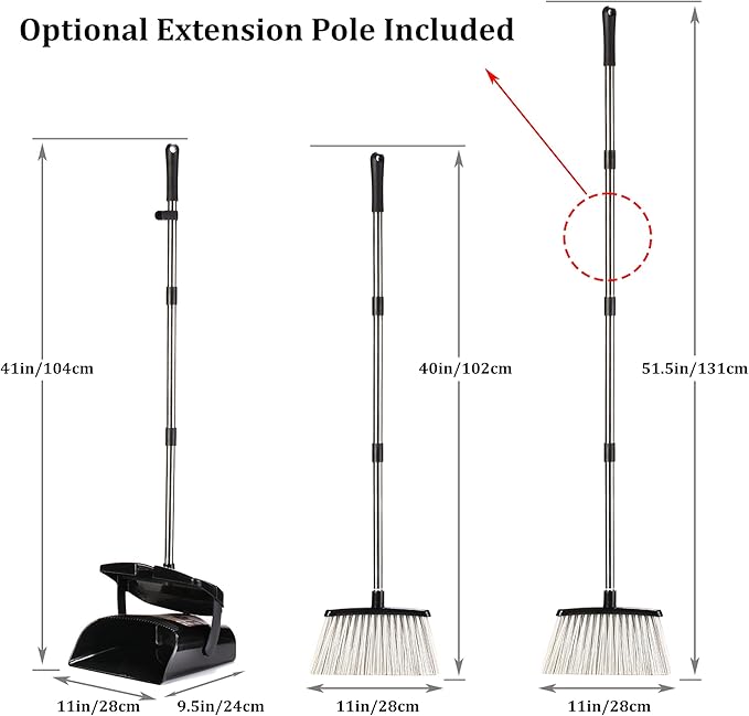 Broom and Dustpan Set 52-in Long Adjustable Handle Broom Dustpan Combo | Upright Dustpan with Teeth to Automatically Clean Hair, Dust Pan with Lid, Suitable for Home Kitchen Office Hall Floor