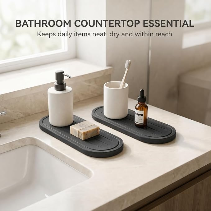 Razborci 2PCS Water Absorbing Stone Drying Tray Mat for Bathroom Sink & Kitchen Counter Faucet Organizer Decor, Quick Dry Dish Soap Dispenser Sponge Holder, Vanity Caddy Coaster,Dark Gray -10"*3.8"