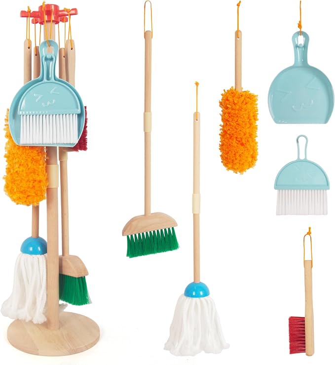 Kids Cleaning Set, Housekeeping Play Broom Set for Toddlers 3-8 | Include Broom Mop Duster Dustpan Brushes Rag,Organizing Stand,Cleaning Toys Gift for Girls Boys,Solid Beech Wood