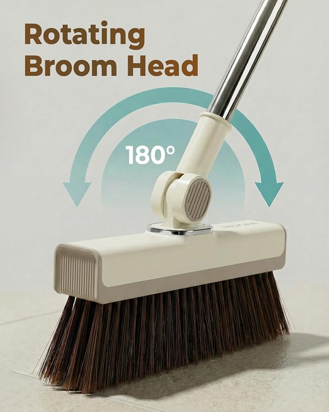INDCAN Broom and Dustpan Set for Home, 54 Inch Long Handle Upright Broom, Rotatable Broom Head with Magnetic Mount & Self-Cleaning Teeth Comb, Indoor Floor Sweeping Set (Santra Pro) - Ivory