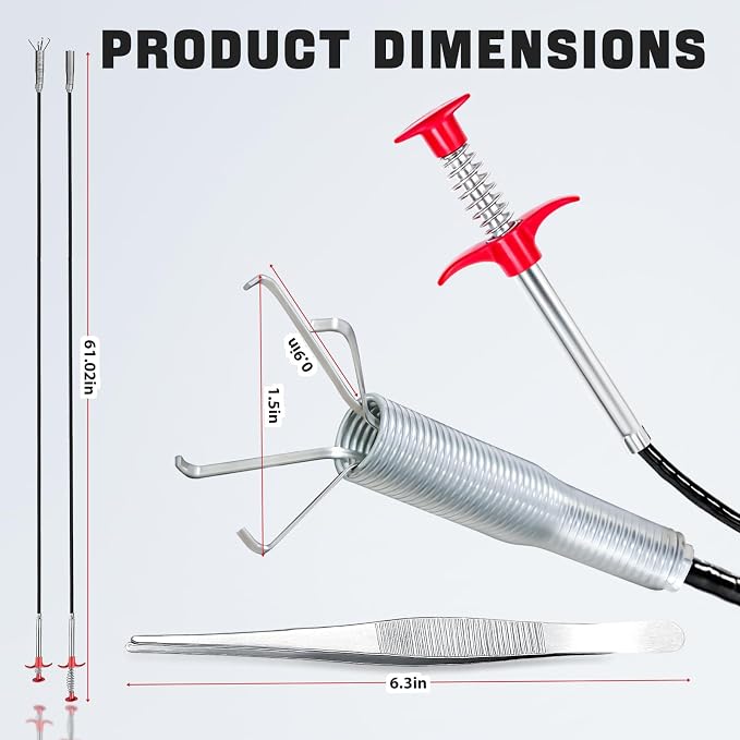 Flexible Grabber Claw, 4 Claws Drain Snake with Tweezers, Drain Clog Remover Bendable Hose Grabber Reacher Tool for Toilet Sewer Shower Kitchen Bathroom Tub Clogged (63 inch)