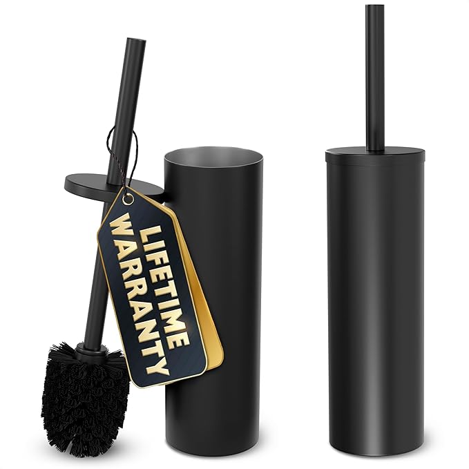 2 PCS Black Toilet Brush and Holder Set - Scratch Resistant Black Toilet Bowl Brush and Holder with Soft Bristles Replaceable Head, Protection from Splashes, and Compact Design - for Cleaning