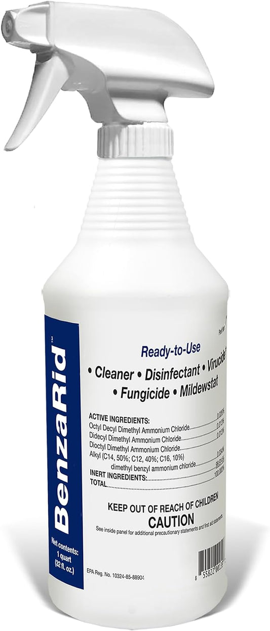 BenzaRid Hospital Disinfectant Virucide Spray Kills 99.99% of MRSA, COVID-19, H5N1, Staph, Avian Flu, Bacteria & Mold | EPA Reg. for Medical, Dental, Veterinary, Farm & Home Use 32 oz