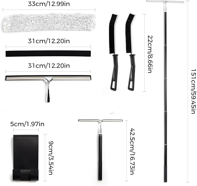 17“- 60" Extendable Long Handle 2-in-1 Window Squeegee Silver | 12.4" Wide Metal Shower Squeegee for Glass Doors, 2-in-1 Squeegee for Home Window Cleaning, Tile Wall, Car