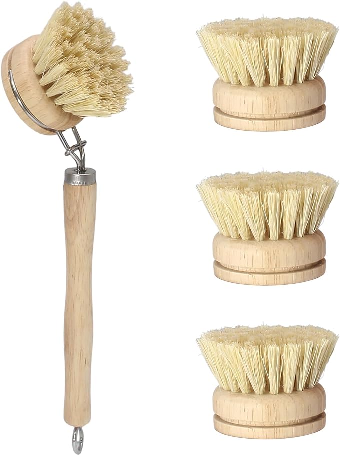 Wooden Dish Brush Set, 4 Natural Bristle Replacement Heads with 1 Sturdy Wooden Handle, Sisal Kitchen Scrub Brush for Pots, Pans, Vegetables and Cookware