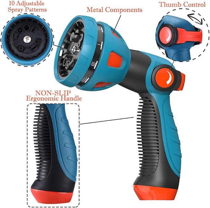 HmiL-U Garden Hose Spray Nozzle - 10 Adjustable Patterns Metal High Pressure Hose Nozzle with Thumb Control Design, Hose Sprayer for Garden & Lawns Watering, Cleaning, Pets & Car Washing