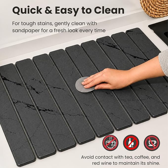 Stone Dish Drying Mat for Kitchen Counter Large Quick Dry Diatomaceous Earth Stone Drying Mat Foldable Water Absorbent Dish Drying Mat for Dishes Cups Bottles Kitchen Sink Countertop (Grey Marble)