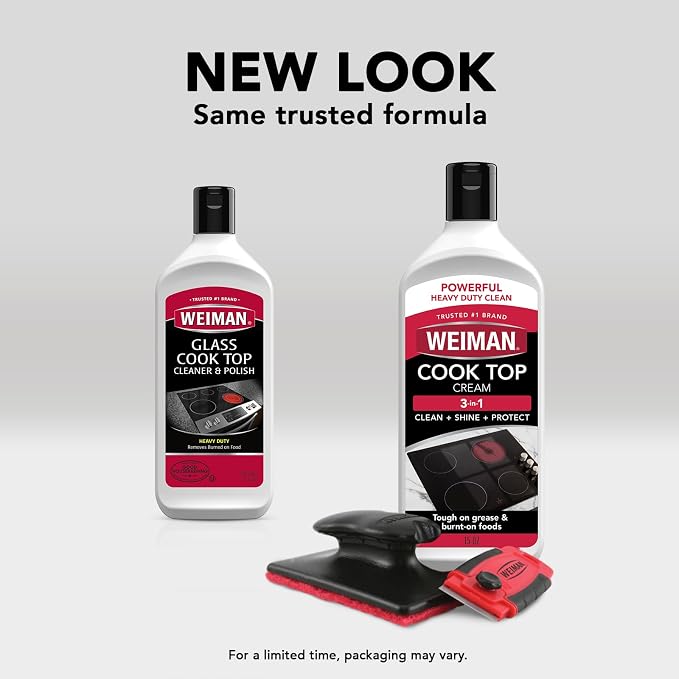 Weiman Glass & Ceramic Cooktop, Stove Top & Oven Cleaner Kit – Kitchen Cleaner Cream, 3 Scrubbing Pads & Scraper for Burnt-On Food & Grease, Clean Shine - Safe for Induction, Electric & Gas Cooktops