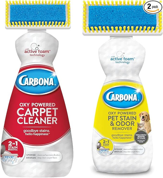 Carbona OxyPowered Carpet & Pet Pack: Stain & Odor Remover 13.5oz & Foam Cleaner with Brush 13.5oz – Removes Pet Stains from Carpets & Upholstery, 2-Piece Set (Variety Pack)