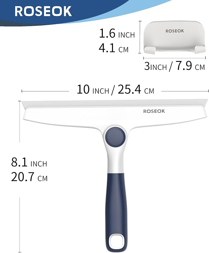 ROSEOK Shower Squeegee, Silicone Squeegee for Glass Doors with Hook | For Bathroom, Window, Mirror, Tile Wall, Pivoting Head, 10 Inch, Navy Blue, 1 Pack