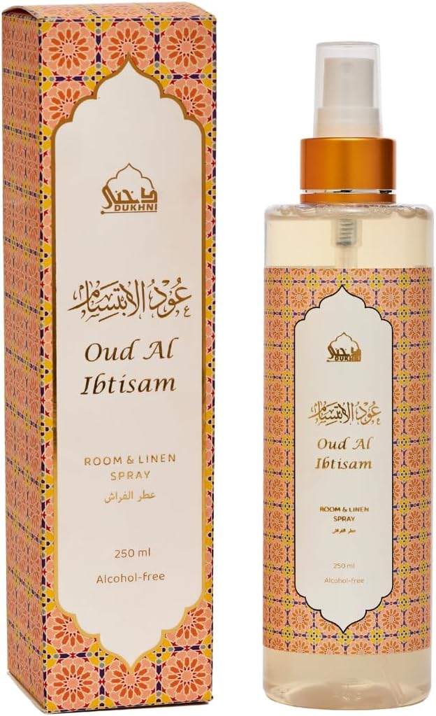Oud Al Ibtisam Rose Spray by Dukhni | 250ml Arabic Oud Air Freshener | Rose and Oud Spray for Home, Prayer Mats, Bed, Linen, Sofa, Living Room, Curtain, Car | Room Air Freshener, Odour Eliminator