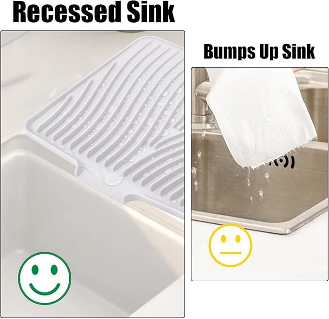 TIKNIK Silicone Dish Drying Mat for Kitchen Counter - Heat Resistant & Non-Slip Dish Drain Pad with Built-In Drain, Dishwasher Safe, Quick-Dry, Hangable & Roll-Up for Storage, White-1pcs, 16" x 12"