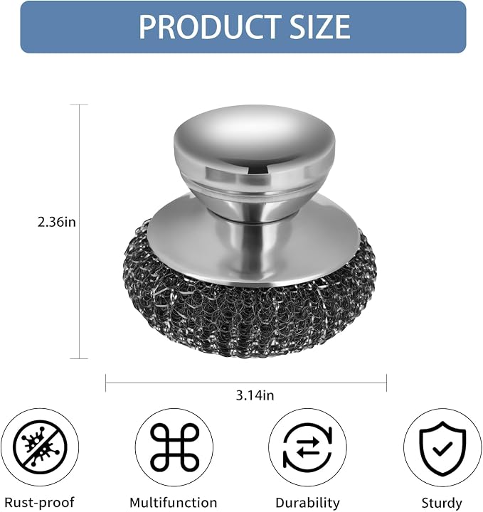 4Pcs Steel Wool Scrubber Set, Stainless Steel Scrubber with Stainless Steel Handle, for Cleaning Dishes, Cast Iron, Stock Pots, Pans, Griddles, Grills