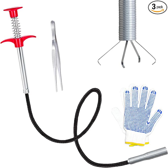 Flexible Grabber Claw (4 Claws), Drain Snake with Tweezers, Bendable Hose Grabber Reacher Tool, Retractable Drain Clog Remover Tool, Pickup Tool for Bath Tub, Toilet, Kitchen Sink & Sewer (24 inches)