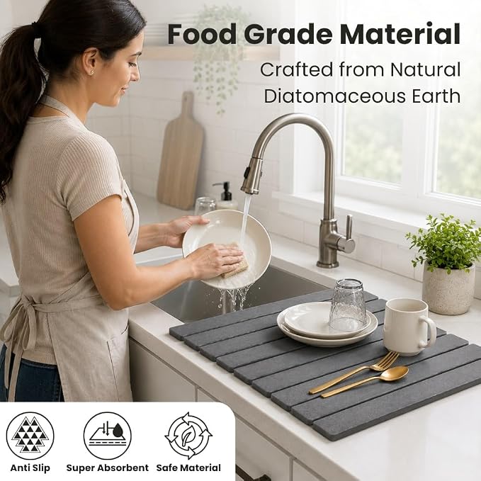 Stone Dish Drying Mat for Kitchen Counter, Large Quick Dry Diatomaceous Earth Stone Drying Mat, Foldable Water Absorbent Dish Drying Mat for Dishes, Cups, Bottles, Kitchen Sink & Countertop (Grey)