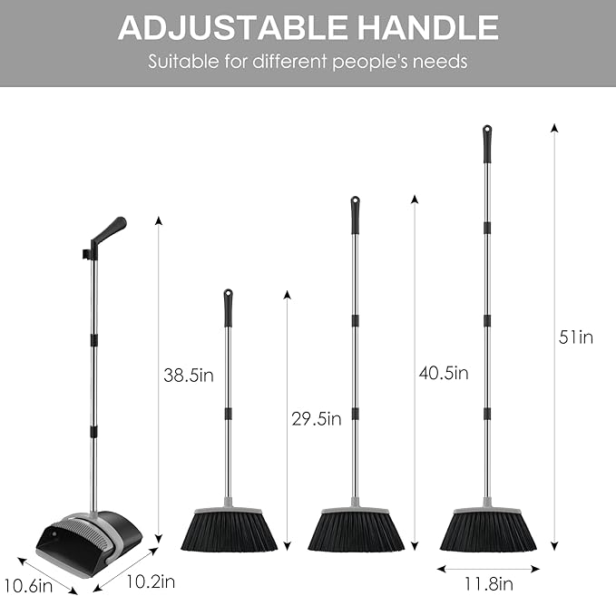 Broom and Dustpan Set for Home, 51-in Long Adjustable Handle Angle Broom and Dustpan Combo Set with Dust Pan Teeth to Clean Hair for Home Kitchen Office Lobby Floor Garden (Black&Grey)