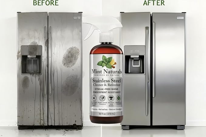 Natural Stainless Steel Cleaner & Polisher - Fingerprint Resist 16oz | Made in USA with USDA Organic Peppermint Oil by Mint Naturals