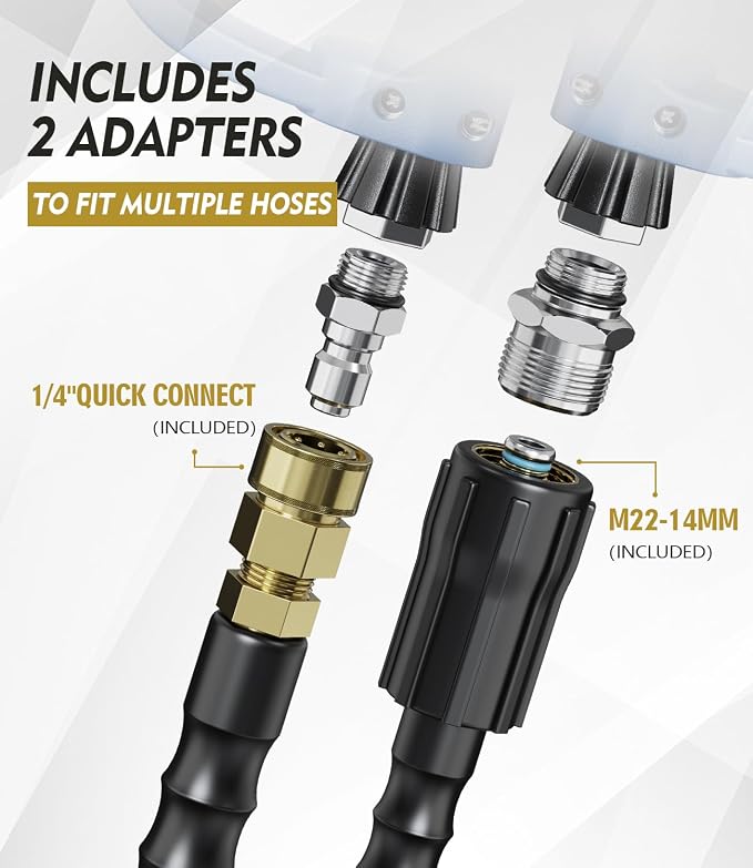 Pressure Washer Gun and Hose Kit, 4800PSI Flexible & Kink-Resistant - Steel Braided & Durable High Power Washer Hose 100 FT with 3/8" Swivel Quick Connector and M22 14mm Adapters & 5 Nozzles