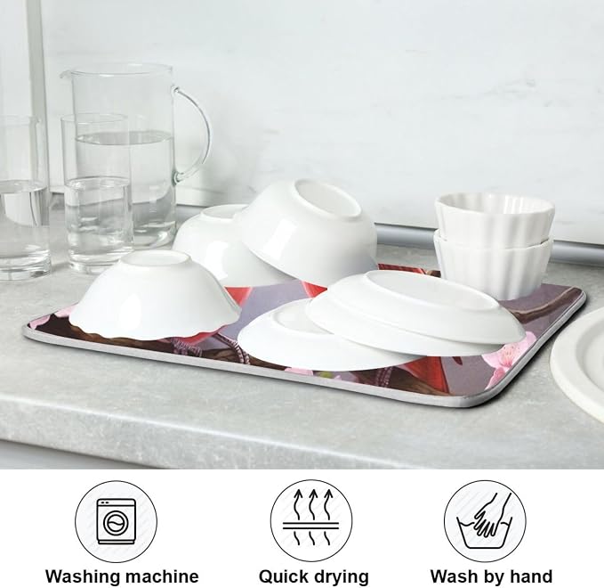 Dish Drying Mat Kitchen Counter Absorbent Red Cardinals Coffee Sink Mat Dish Drainer Pad 18 Inch x 24 Inch