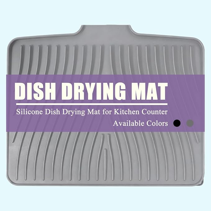 Silicone Dish Drying Mat for Kitchen Counter,16"X13" With Built-in Drain Lip,Food-Grade Silicone, Heat-Resistant Eco-friendly Hygienic Drying Mat Leak-Proof and Non-Slip, Multi-Functional Use（Gray）