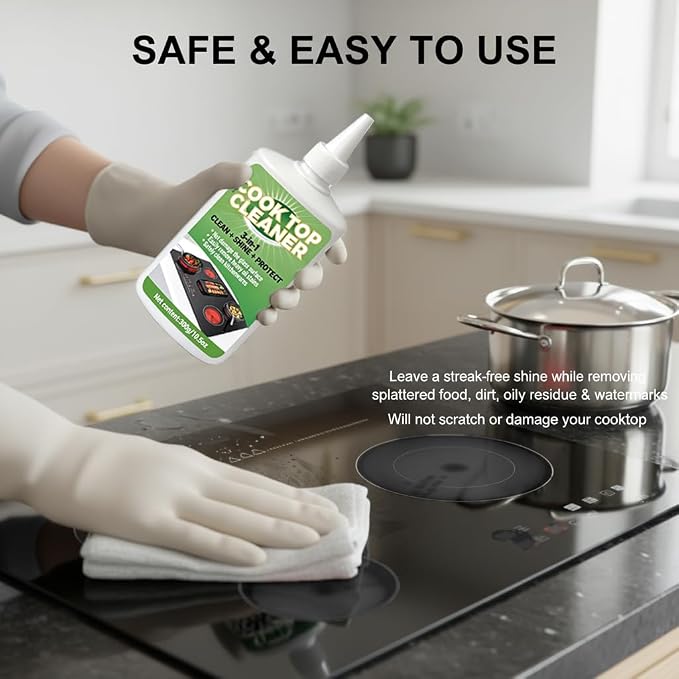 Glass Cooktop 3-in-1 Cleaner Kit, Removes Grease & Burnt-On Food, Safe for Gas, Induction, Electric Cooktops & Air Fryers, Stove Top Polish and Shine, Multi-purpose Cleanser (300g) (1)