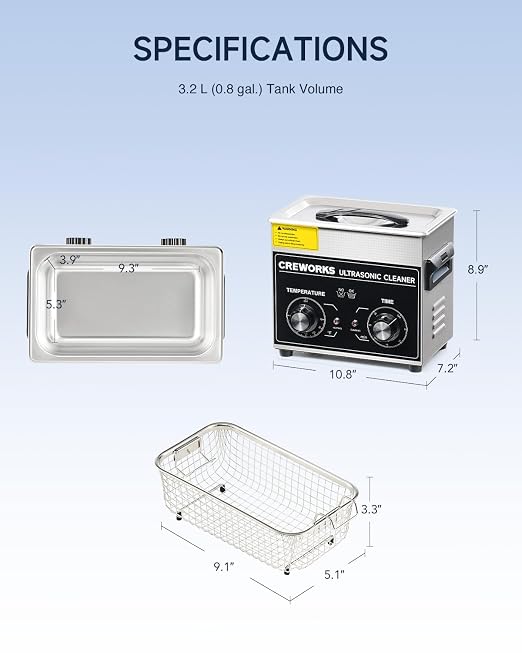 CREWORKS 3.2L Ultrasonic Cleaner with Heater & Timer, 304 Stainless Steel Sonic Cleaner, 0.8gal Ultrasonic Parts Cleaner with Knobs, 120W Professional Lab Ultrasonic Cleaner for Glasses Coin Microchip
