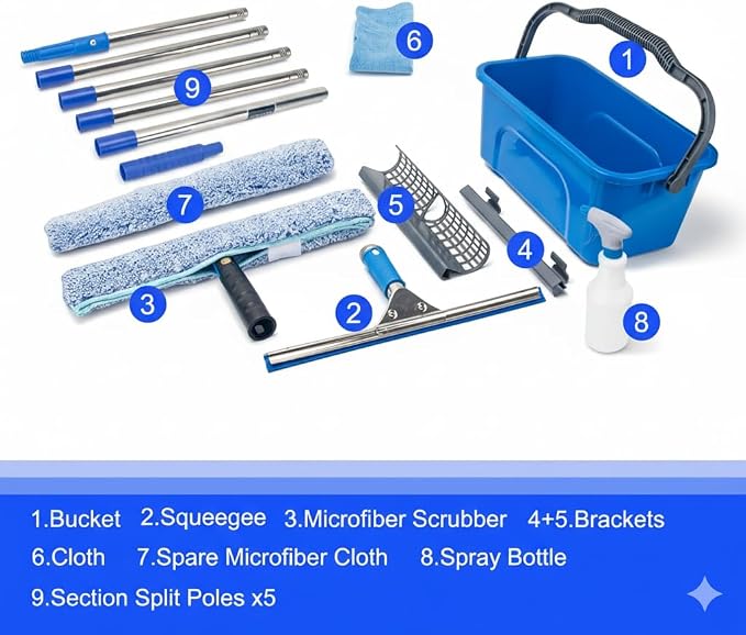 Professional Window Cleaning Kit with 6ft Long Handle, 3 Gallon Bucket | 14" Squeegee,15" Scrubber,Spray Bottle,Cloth,Window Washing Equipment Cleaner Tool for Outdoor Commercial Household