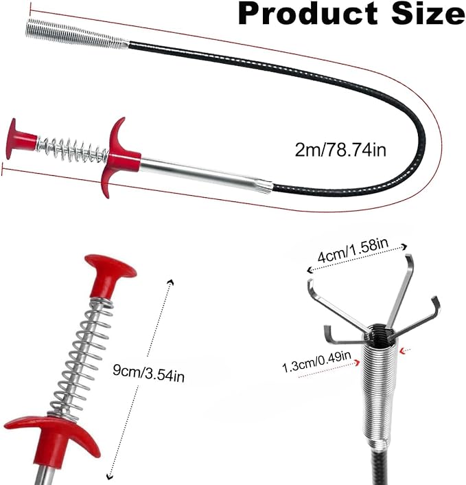 79 Inch Drain Snake Clog Remover Tool, 4-Claw Flexible Grabber for Hair in Toilet, Sink, Shower, Kitchen, Bath Tub & Sewer Drain Unclog (Black)