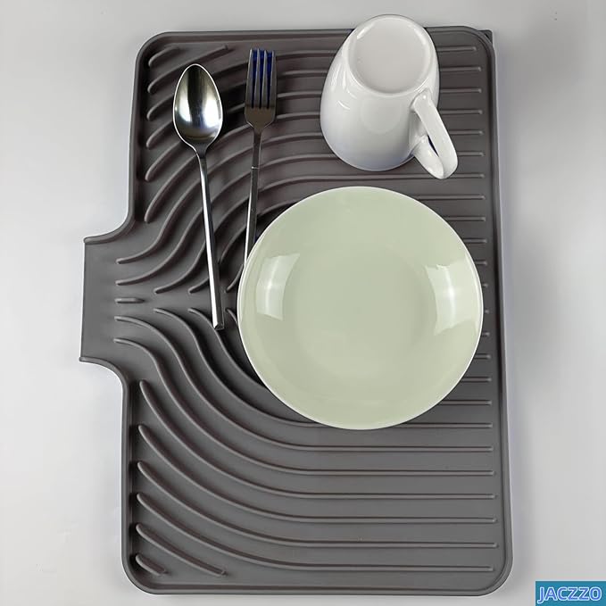 Dish Drying Mat for Kitchen Counter, with Built-in Drain Lip, 18x11.8 inch, Food-Grade Silicone, Easy Clean Pad for Countertop Protection, Heat Resistant, Easy Clean, Multi-Functional Use (Grey)