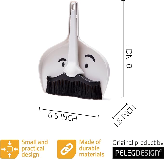 Peleg Design Dustache Small Dustpan and Brush Set, Mini Broom and Dustpan Set, Mustache Design, Small Broom and Dustpan Set, for Home & On-The-Go