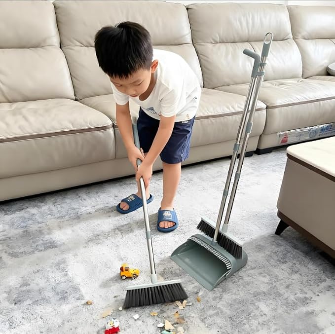 Upgrade Broom and Dustpan Combo Set - 3 Row Bristles & Extended Handles for No Bending, Self-Cleaning Dustpan Teeth, Stand-Up Storage, Indoor & Outdoor Sweeping (Bean Green)
