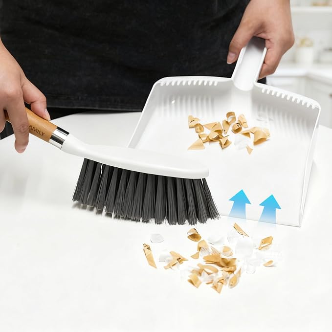 Small Broom and Dustpan Set, Multipurpose Dustpan and Brush Set with Wood Handle Teeth,13 x 8.7 inch, Hangable Portable Cleaning for Kitchen, Desktops, Bedroom, Pet Care, Camping, White,1 Set