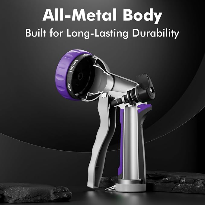 RESTMO Garden Hose Nozzle, Heavy Duty Metal Water Hose Nozzle with 7 Adjustable Spray Patterns, High Pressure Hand Sprayer with Flow Control, Best for Watering Plant & Lawn, Washing Car & Pet, Purple
