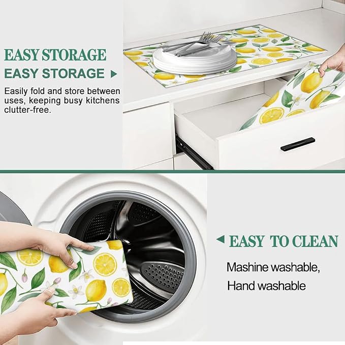 Lemon Dish Drying Mat for Kitchen Counter Microfiber Absorbent Dish Draining Reusable Washable Extra Large 24" x 18" (Lemon, 18x24in)