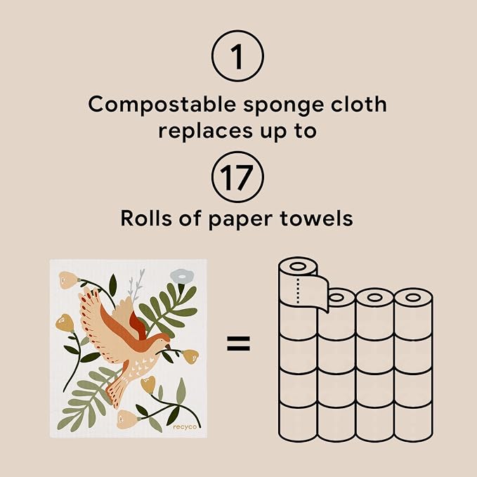 RECYCO Swedish Dishcloths for Kitchen | 6 Pack Birdsong and Blooms Washable Dish Rags | Cellulose Reusable Cleaning Paper Towels | Absorbent Counter Dish Cloth Sponge Kitchen Wipes, 8" L x 7" W