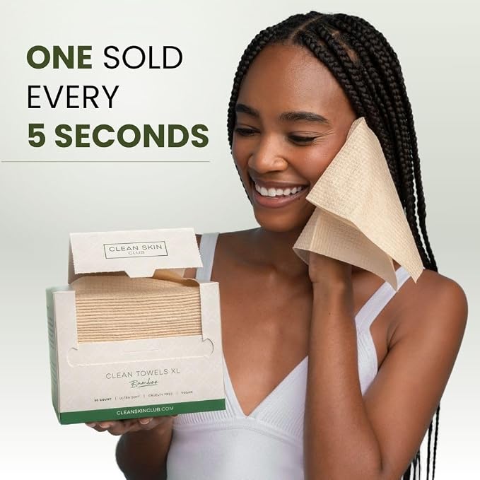 Clean Skin Club Bamboo Viscose Clean Towels® XL 100% USDA Biobased Face Towel, Disposable Face Towelette, Makeup Remover Dry Wipes, Ultra Soft, 50 Ct, 2 Pack